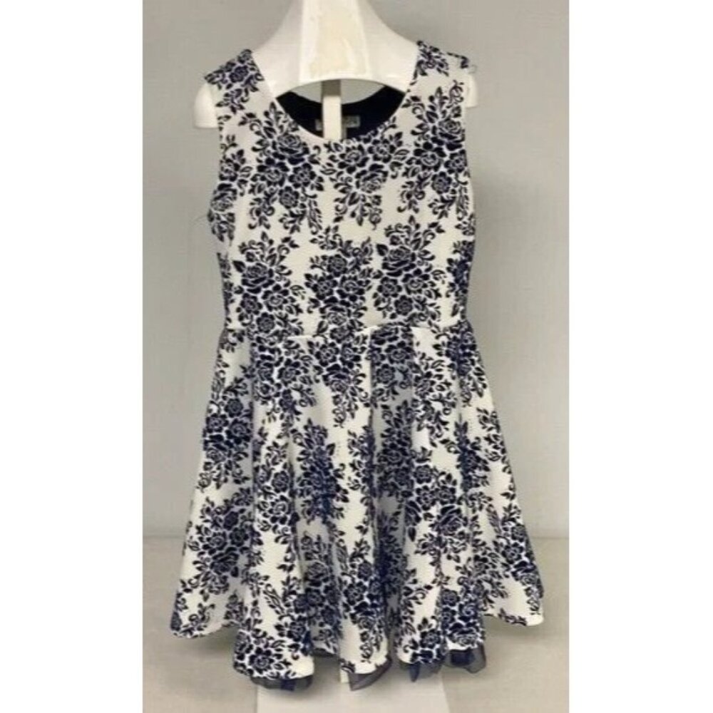 Knit Works Girls Formal Dress Navy Blue Floral Pattern Sleeveless Size 14